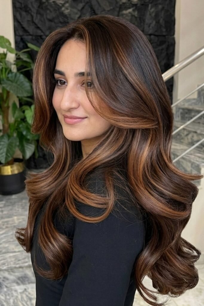 Voluminous Caramel Balayage with Large Bouncy Curls