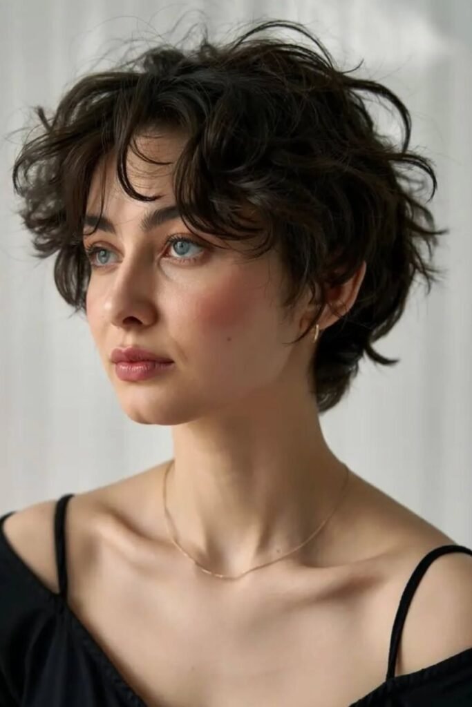 Voluminous Curly Pixie with Soft Tapered Sides