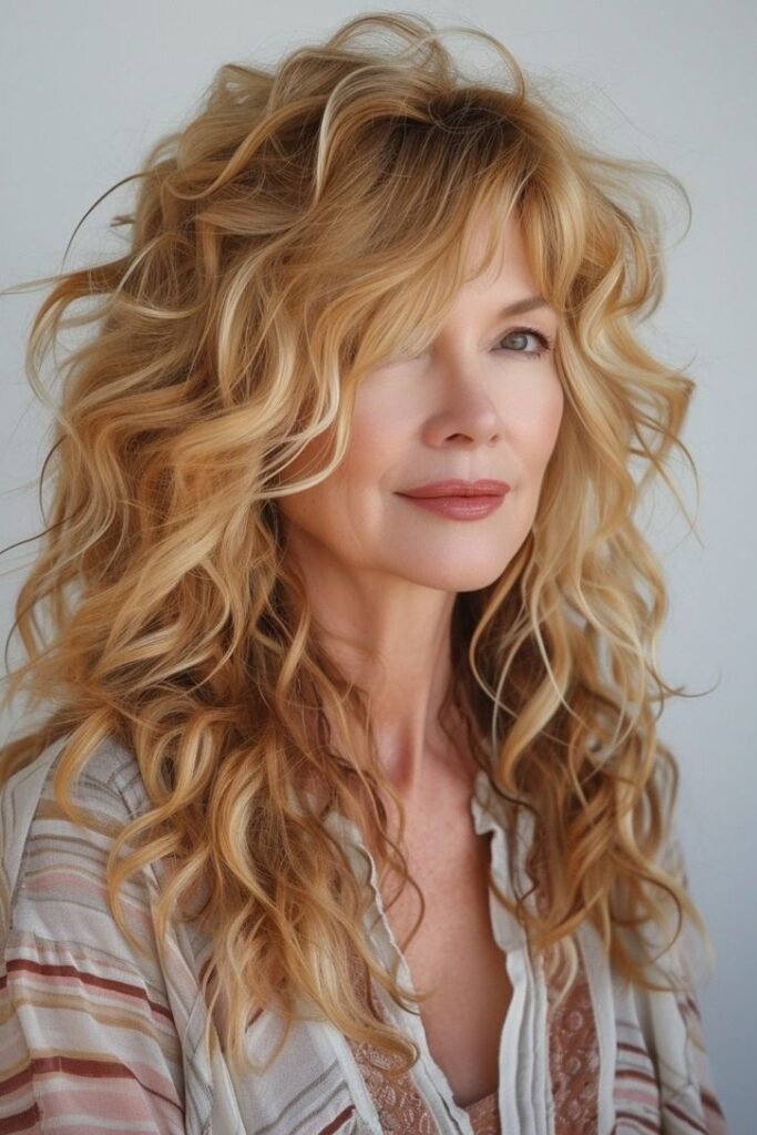 Voluminous Honey Blonde Curls with Wispy Bangs