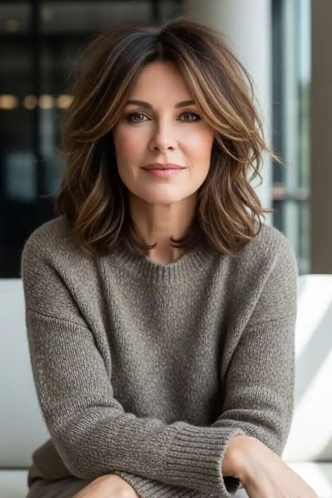 Voluminous Layered Lob with Wispy Curtain Bangs