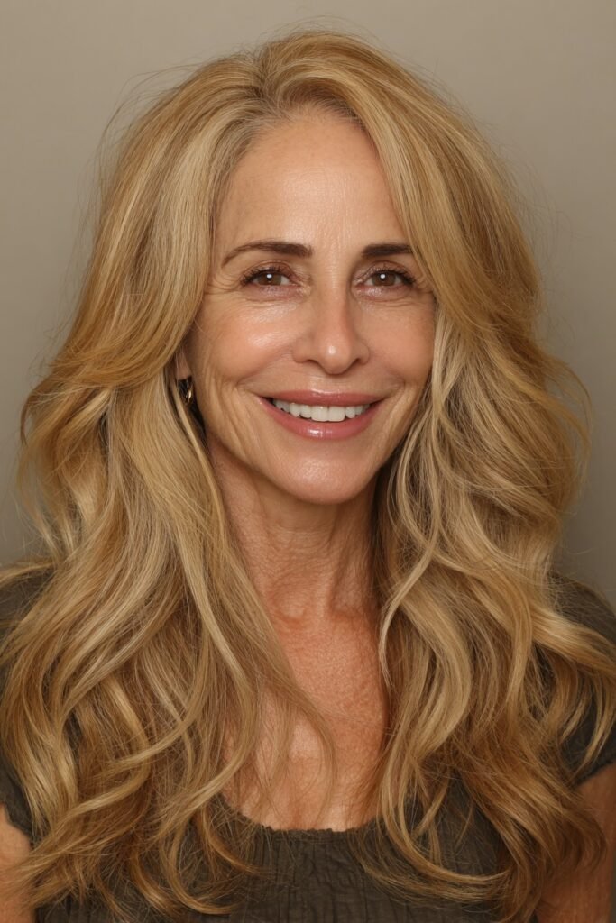 Voluminous Layered Waves in Warm Golden Blonde