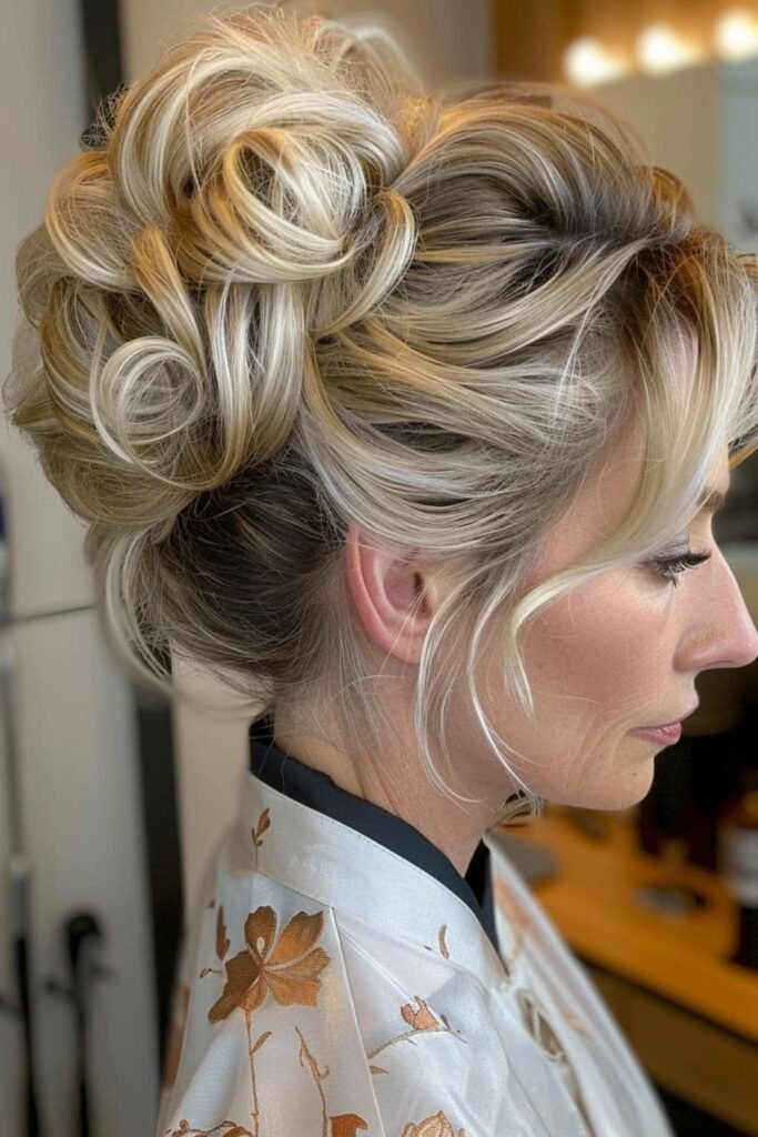 Voluminous Loose Updo with Sweeping Side Bangs
