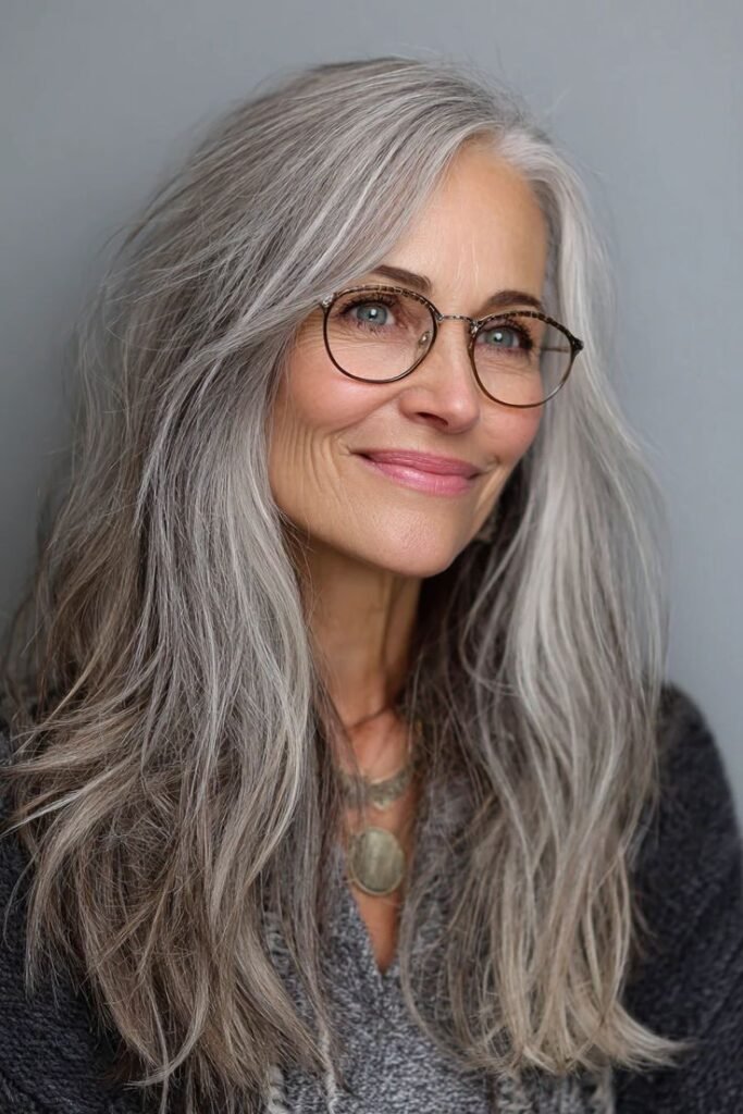 Voluminous Natural Grey Waves with a Deep Side Part
