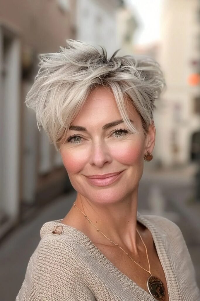 Voluminous Platinum Pixie Cut with Wispy Fringe