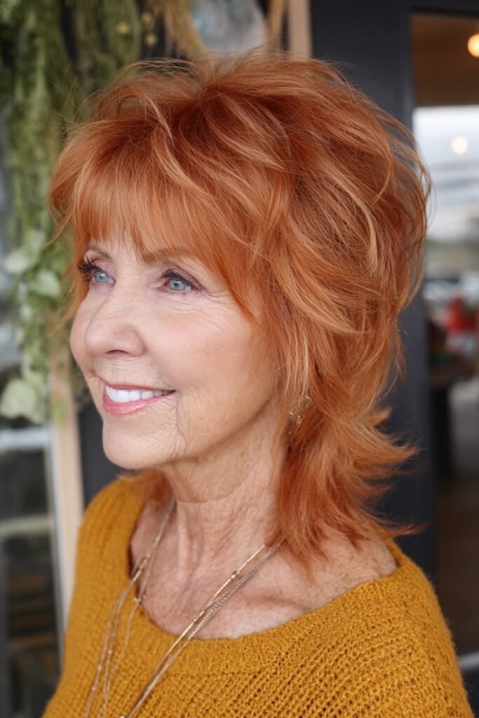 Voluminous Shaggy Wolf Cut in Vibrant Copper with Arched Bangs