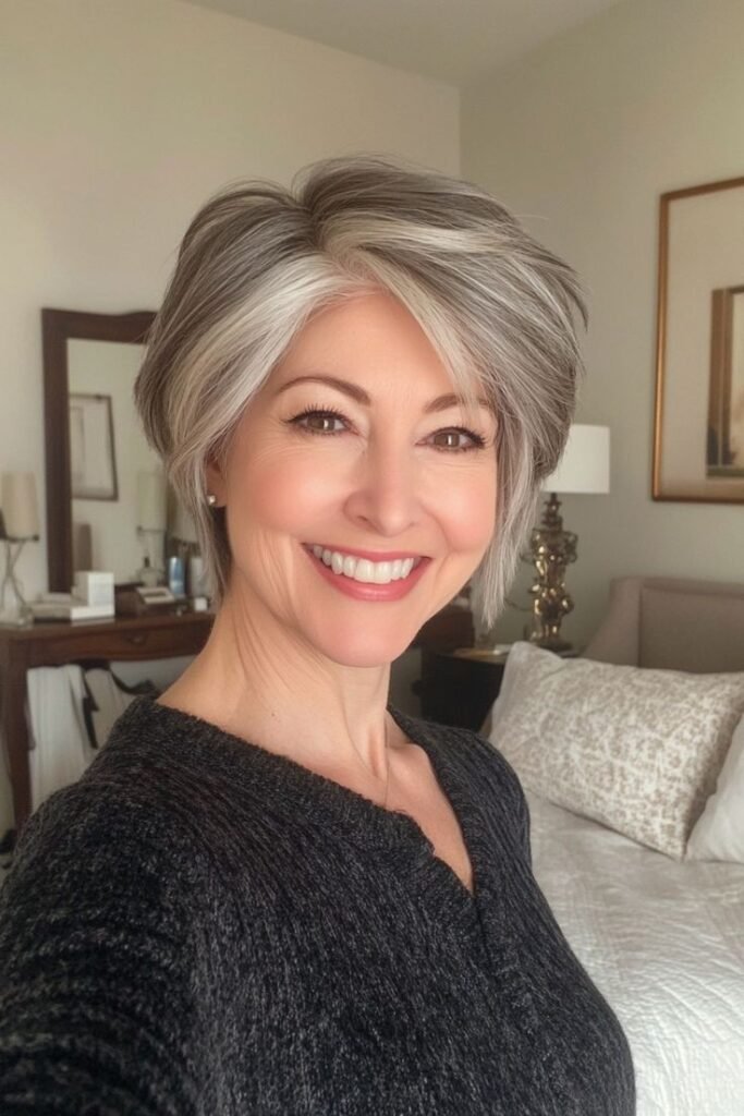 Voluminous Side-Swept Pixie Bob with Silver Tones