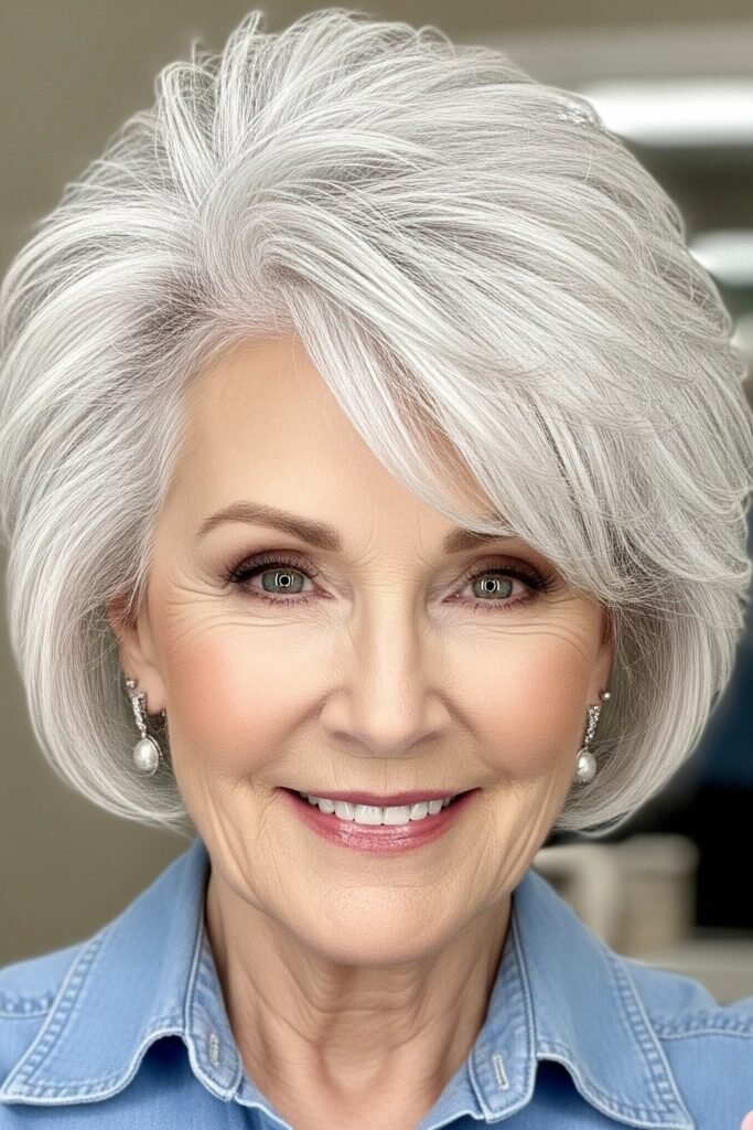 Voluminous Silver Rounded Bob with Deep Side-Swept Bangs