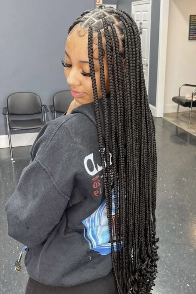 Waist-Length Box Braids with Sculpted Side Edges