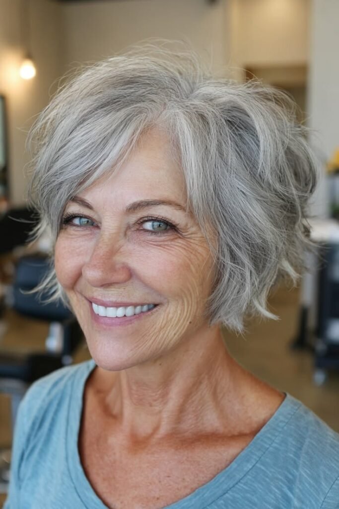 Wavy Ash Gray Bob with Deep Side Part