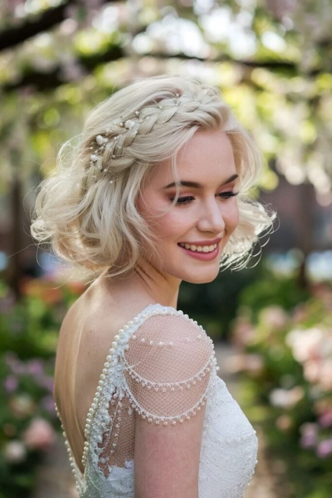 Wavy Blonde Bob with Side Braid and Floral Accessories