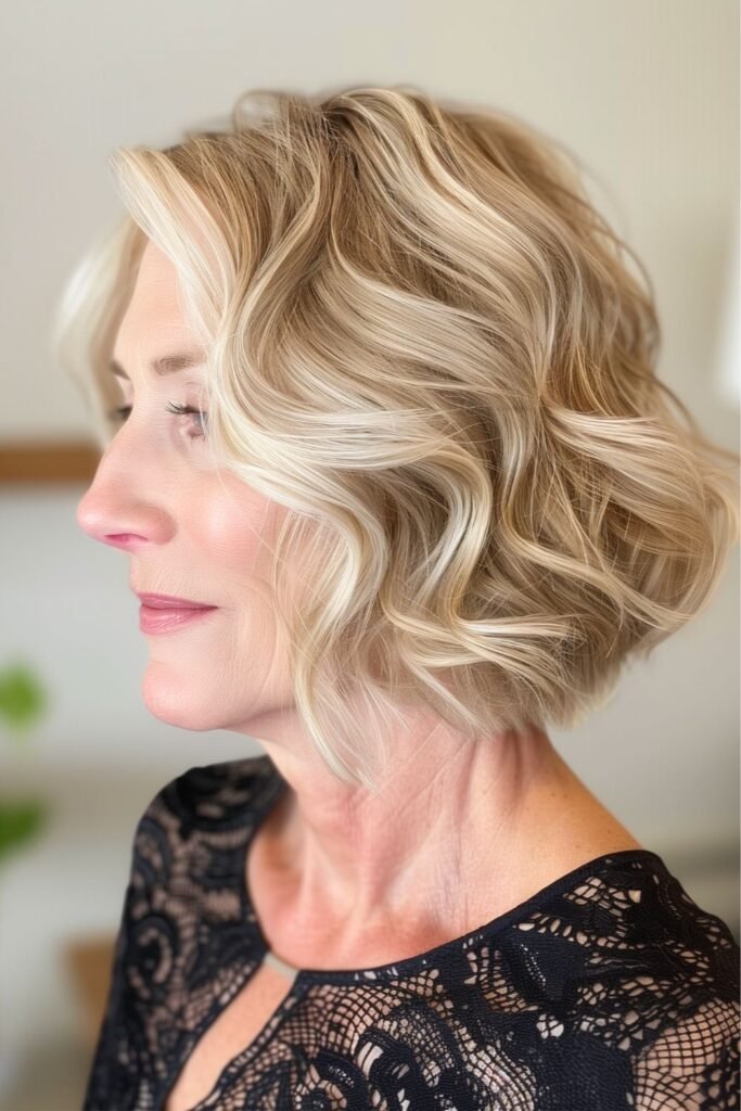 Wavy Blonde Bob with Side-Swept Volume