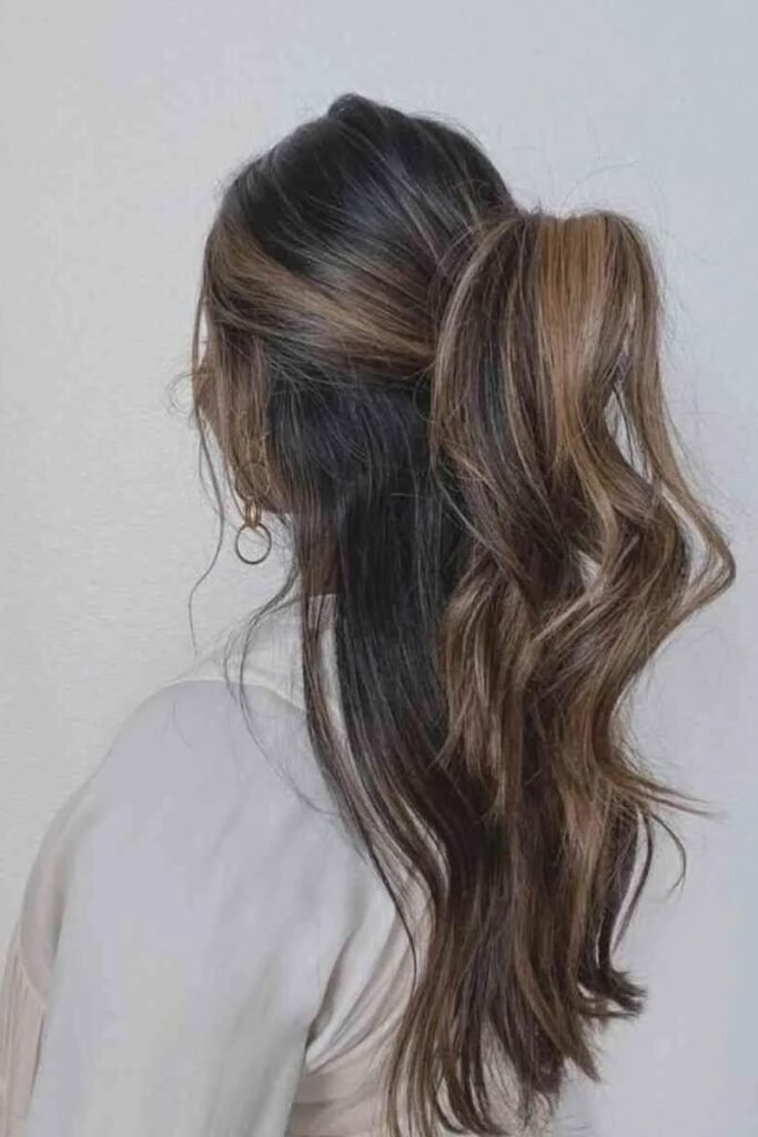 Wavy Half-Up Ponytail with Hidden Hair Tie and Face-Framing Strands
