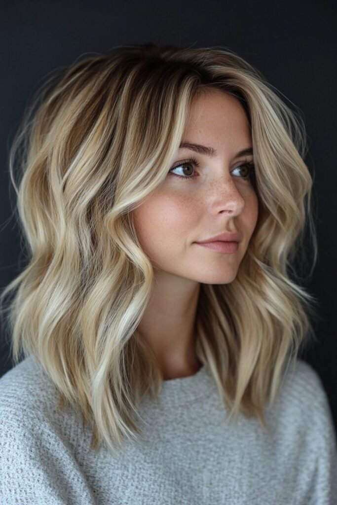 Wavy Mid-Length Cut with Bright Platinum Face-Framing Highlights