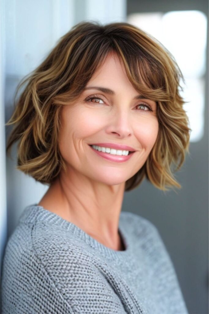  Wavy Neck-Length Bob with Side-Parted Fringe