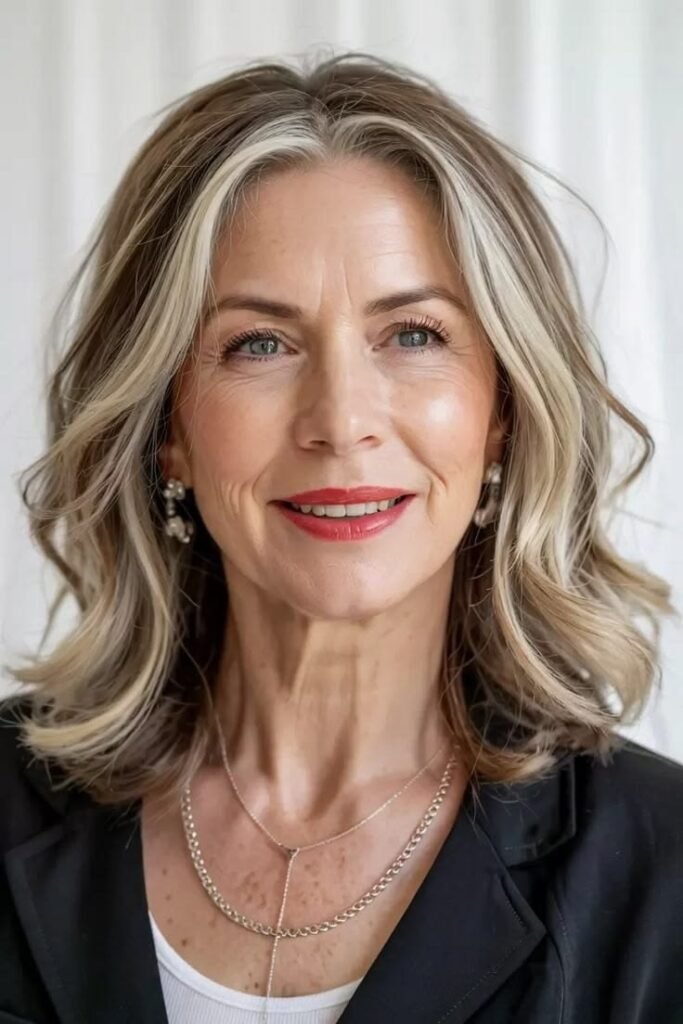 Wavy Shoulder-Length Cut with Face-Framing Silver Money Pieces