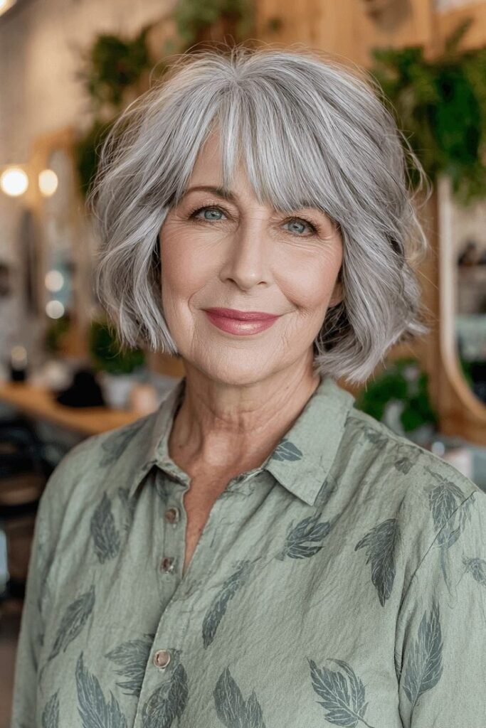 Wavy Silver Bob with Wispy Curtain Bangs