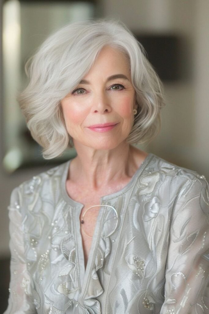 Wavy Silver White Bob with Elegant Side-Framing Curls