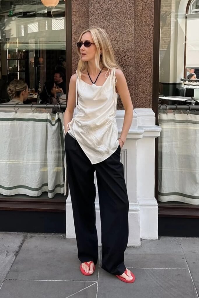 White Asymmetrical Silk Camisole + Black Wide-Leg Trousers + Red Flip Flops