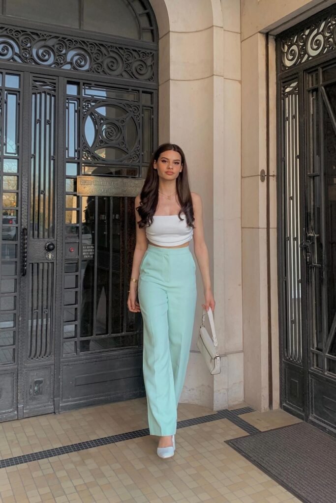 White Bandeau Crop Top + Mint Green Tailored Wide-Leg Trousers + White Pointed Heels