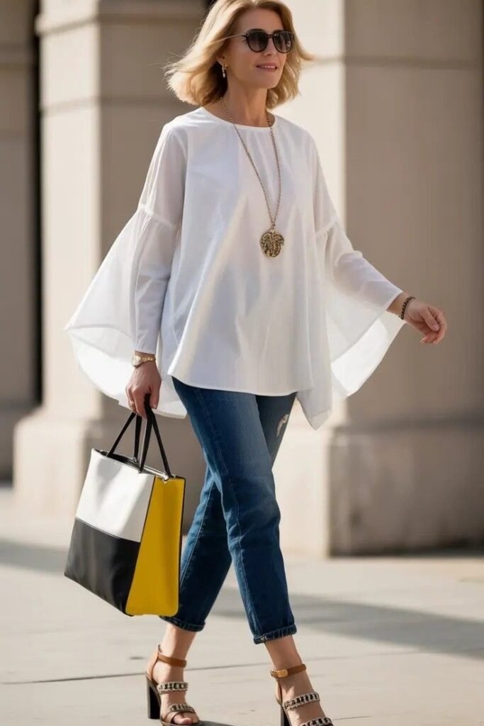 White Bell-Sleeve Blouse + Slim Blue Jeans + Brown Heeled Sandals