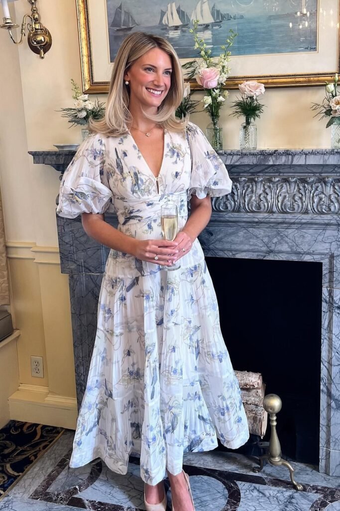 White Bird-Print Pleated Midi Dress + Nude Pumps