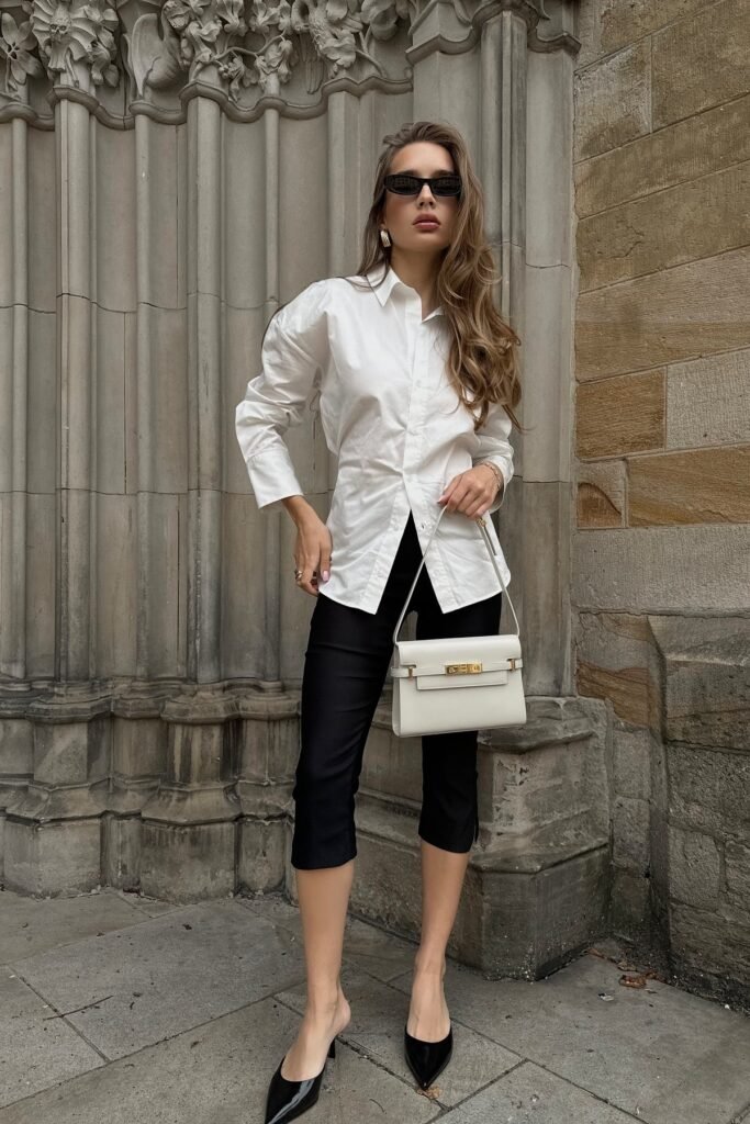 White Button-Down Shirt + Black Capri Trousers + Black Ballet Flats