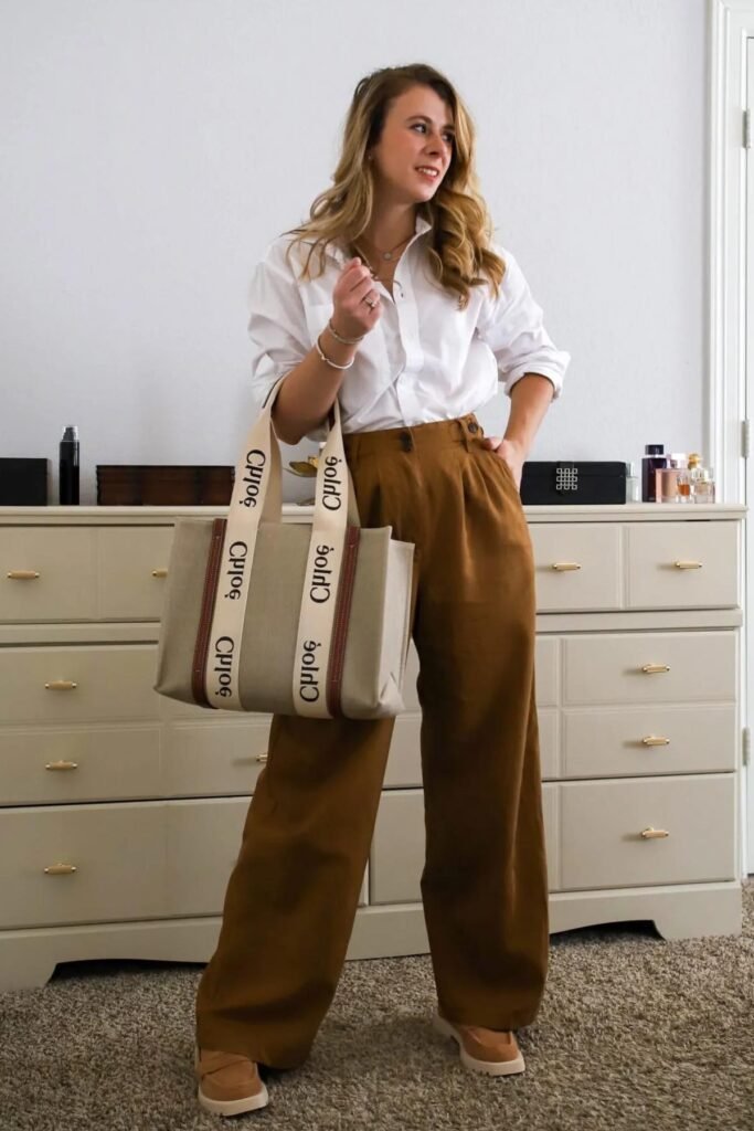 White Button-Down Shirt + Brown Wide-Leg Trousers + Tan Platform Loafers
