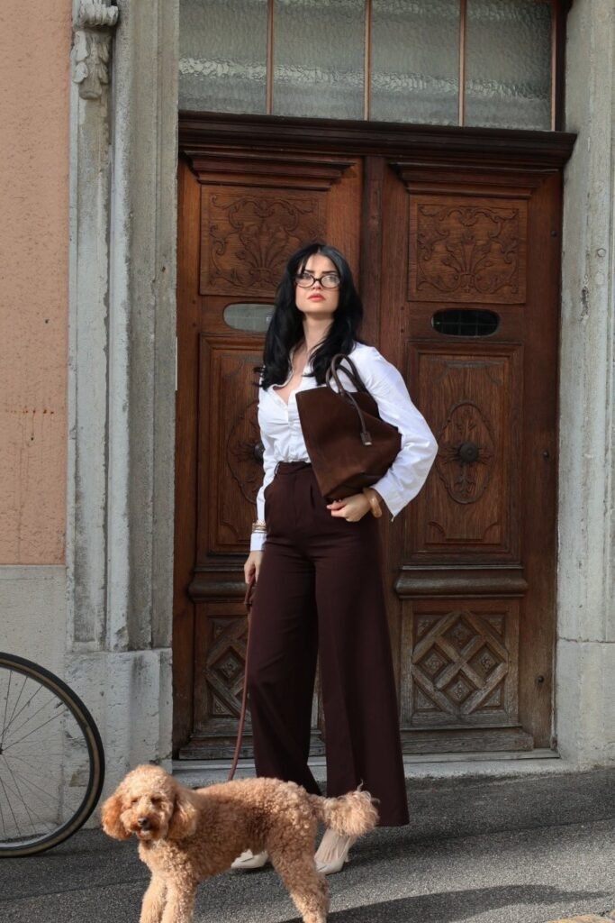 White Button-Down Shirt + Dark Brown High-Waisted Trousers + Cream Pointed Heels