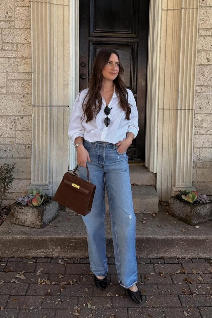 White Button-Down Shirt + Light Wash Straight Jeans + Brown Suede Handbag + Black Ballet Flats