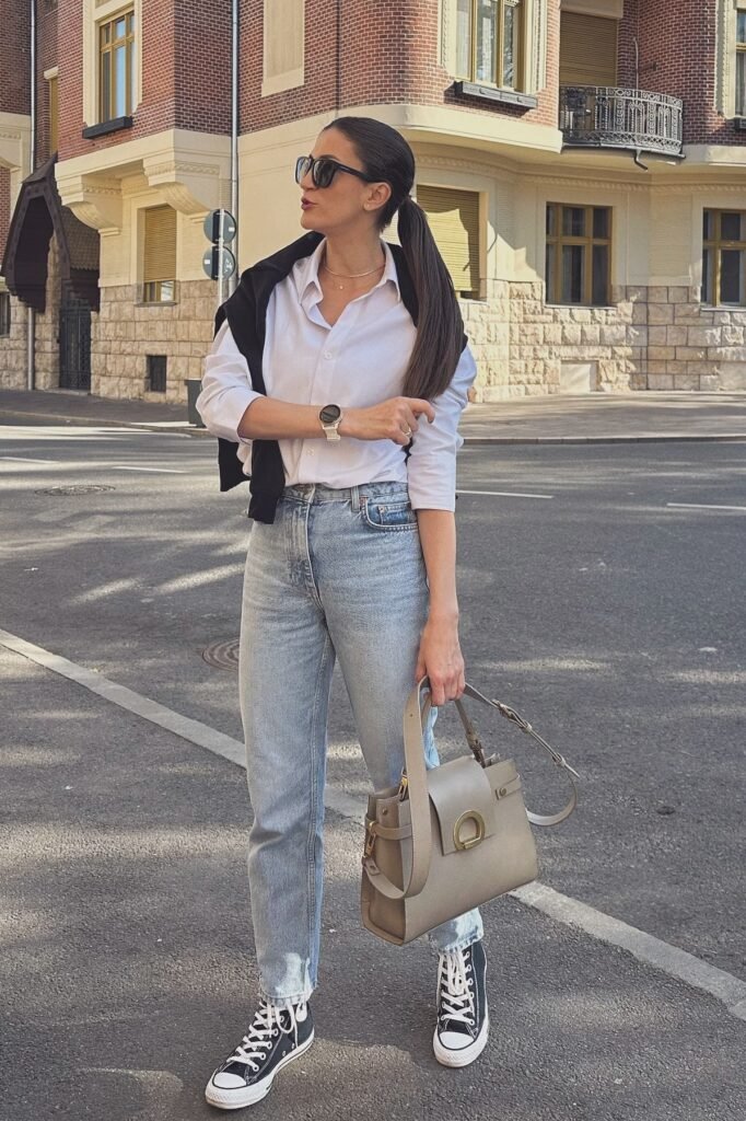 White Button-Down Shirt + Light Wash Straight-Leg Jeans + Black High-Top Sneakers