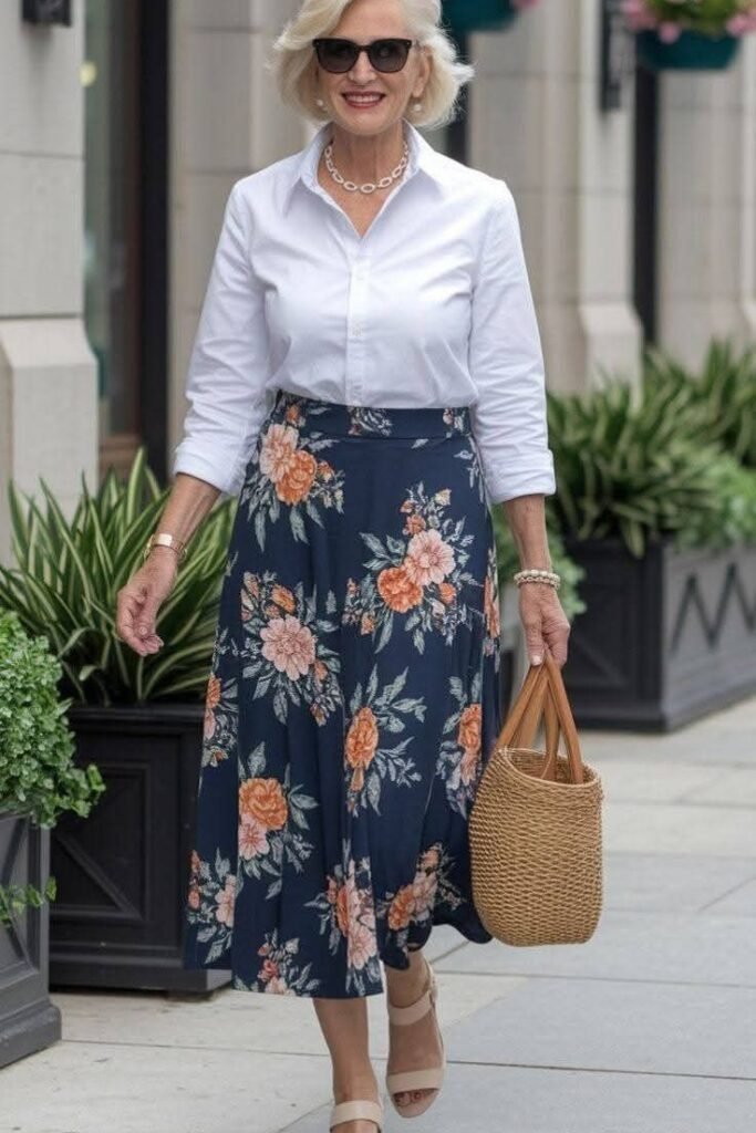 White Button-Down Shirt + Navy Floral Midi Skirt + Nude Strappy Sandals