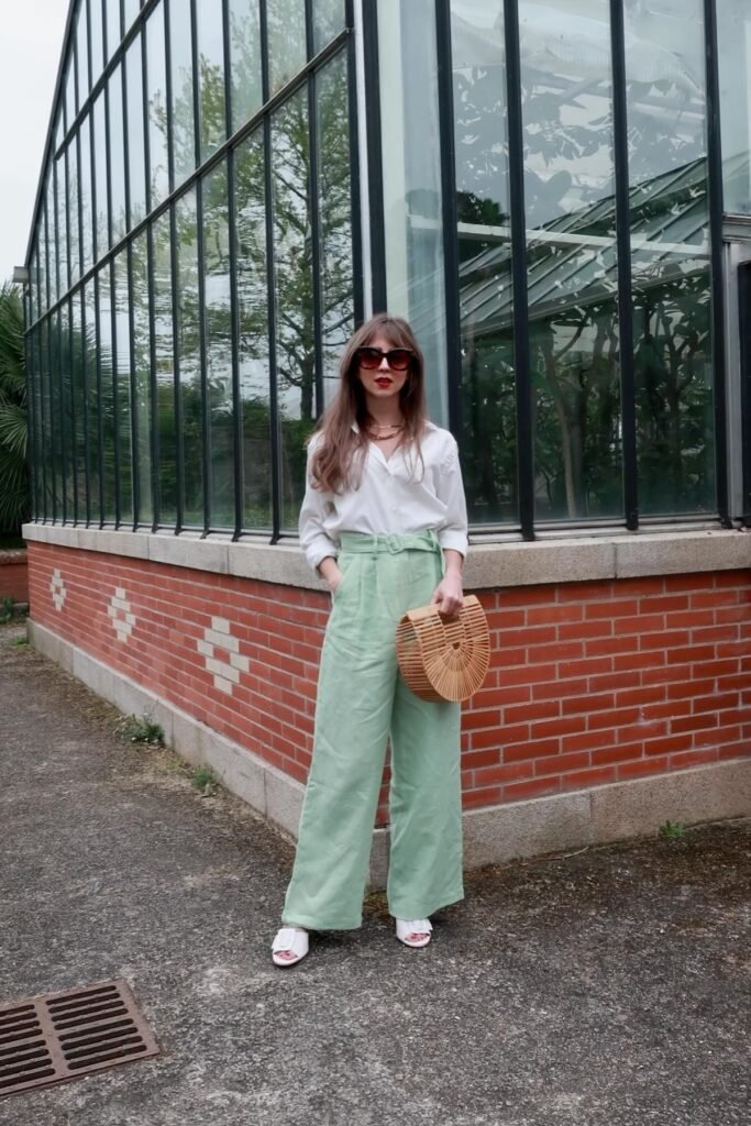 White Button-Down Shirt + Sage Green Linen Wide-Leg Trousers + White Slide Sandals