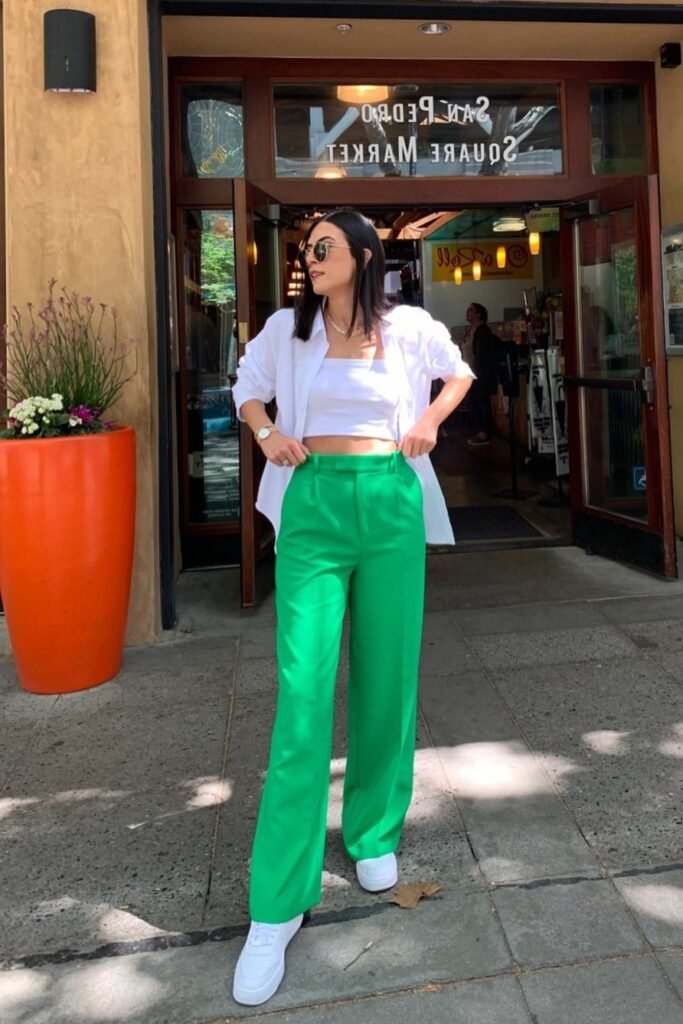 White Button-Down Shirt + White Crop Top + Vibrant Green Straight-Leg Trousers + White Low-Top Sneakers