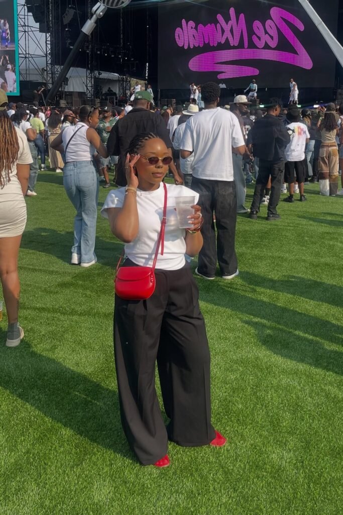 White Cap-Sleeve T-Shirt + Black Wide-Leg Trousers + Red Shoes + Red Crossbody Bag