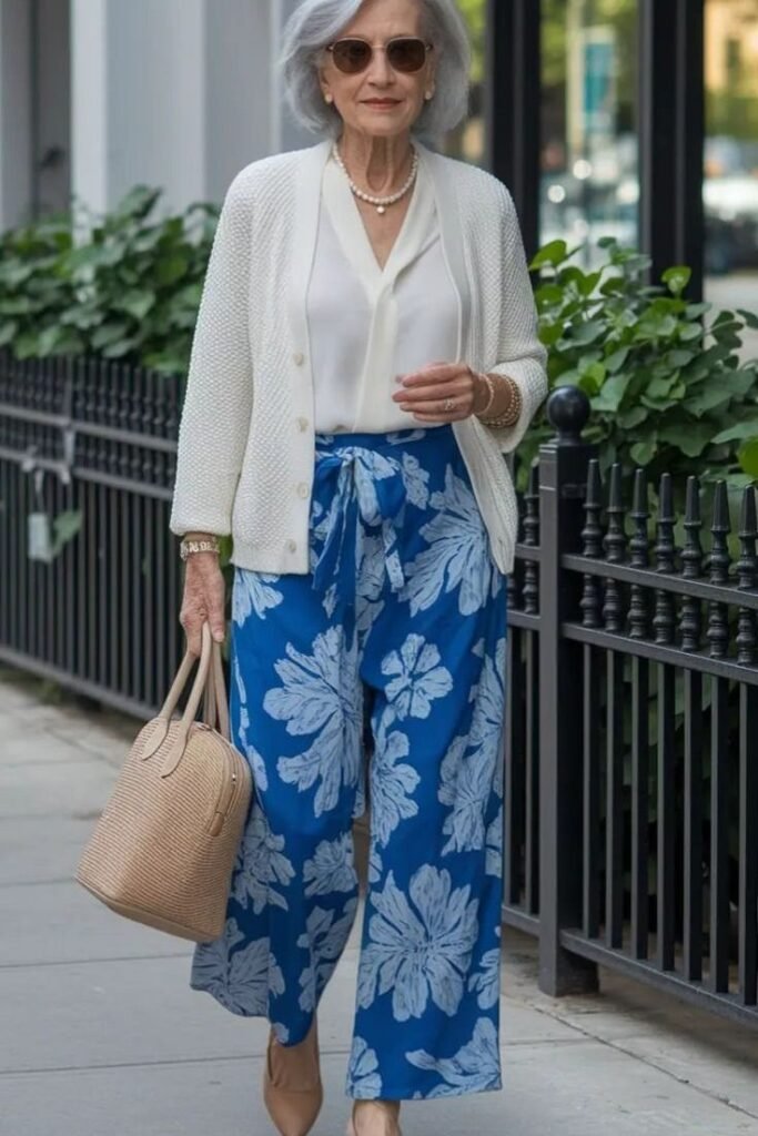 White Cardigan + White V-Neck Blouse + Blue Floral Wide-Leg Pants