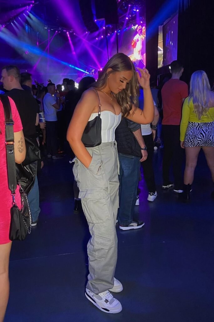 White Corset Top + Grey Cargo Pants + White Sneakers