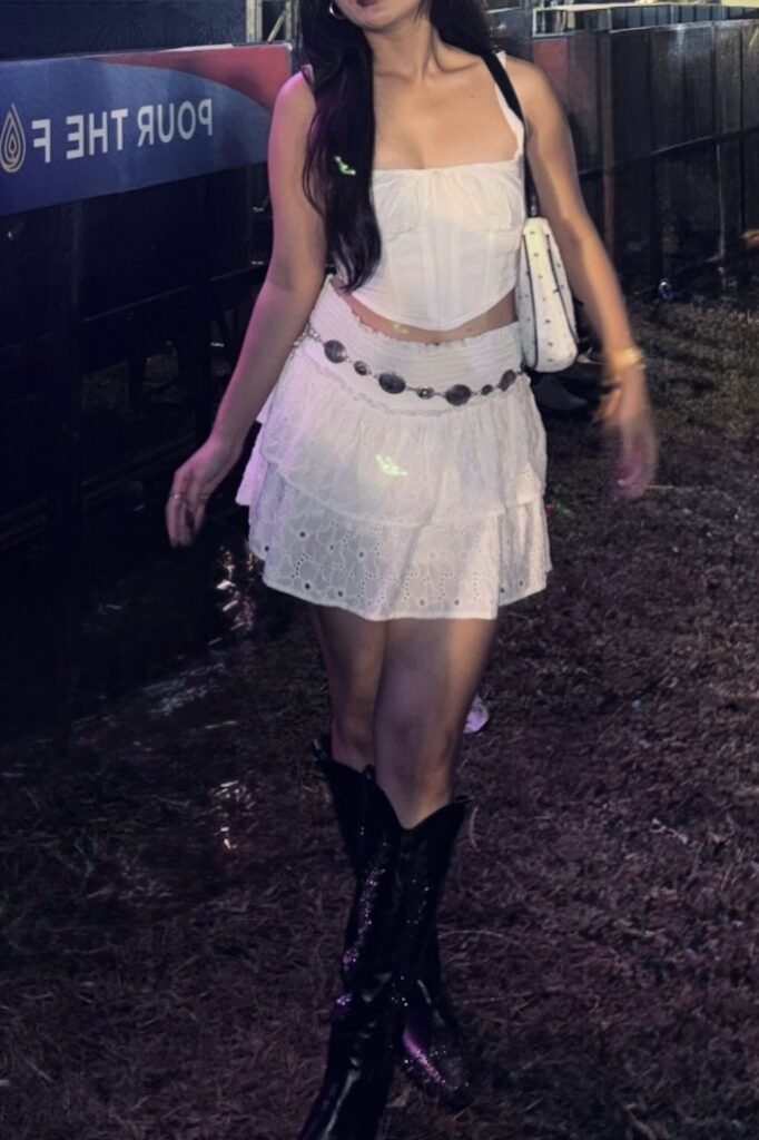 White Corset Top + White Eyelet Tiered Mini Skirt + Black Western Boots