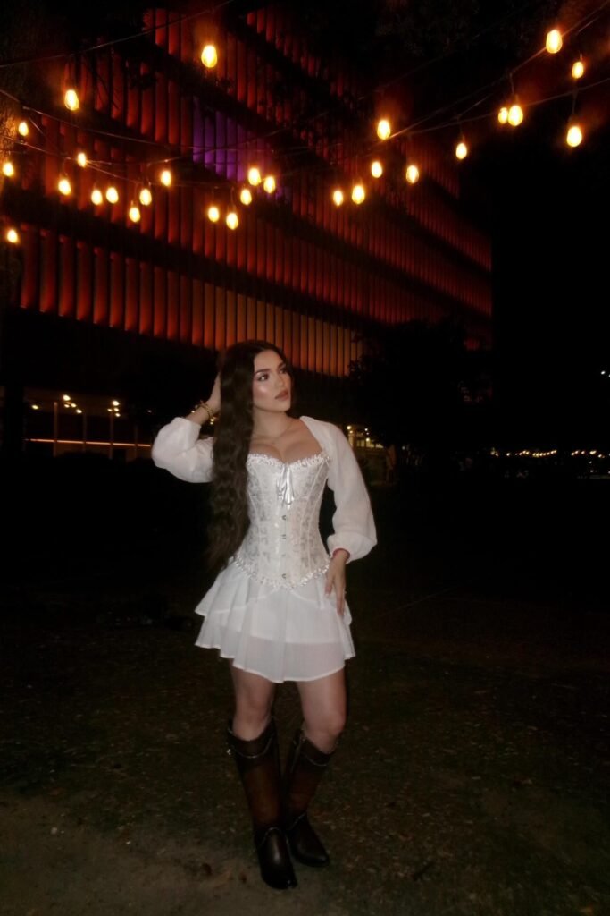 White Corset Top with Puff Sleeves + White Ruffled Mini Skirt + Brown Leather Cowboy Boots