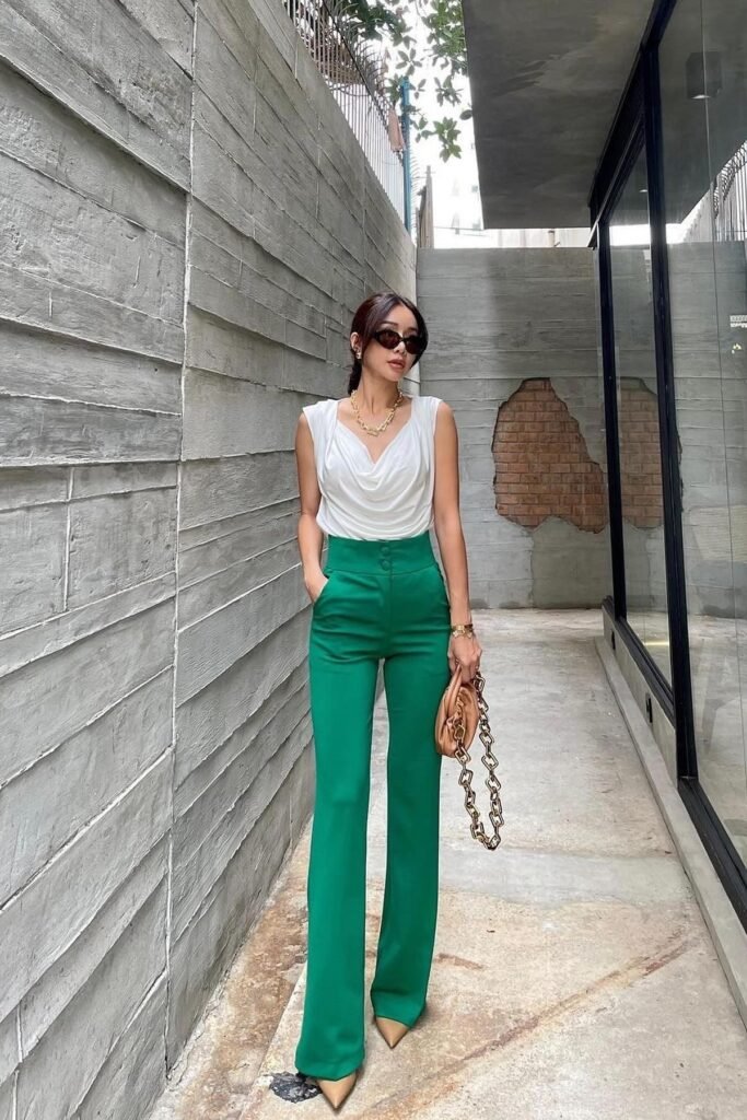 White Cowl-Neck Sleeveless Top + Emerald Green High-Waisted Trousers + Tan Pointed-Toe Heels