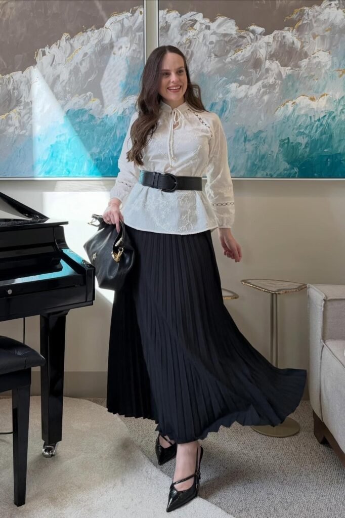 White Embroidered Blouse + Black Wide Belt + Black Pleated Maxi Skirt