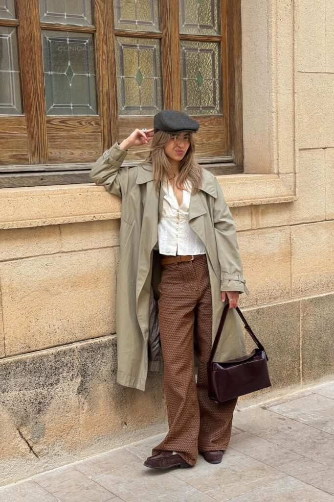 White Eyelet Blouse + Olive Trench Coat + Brown Patterned Pants + Brown Loafers
