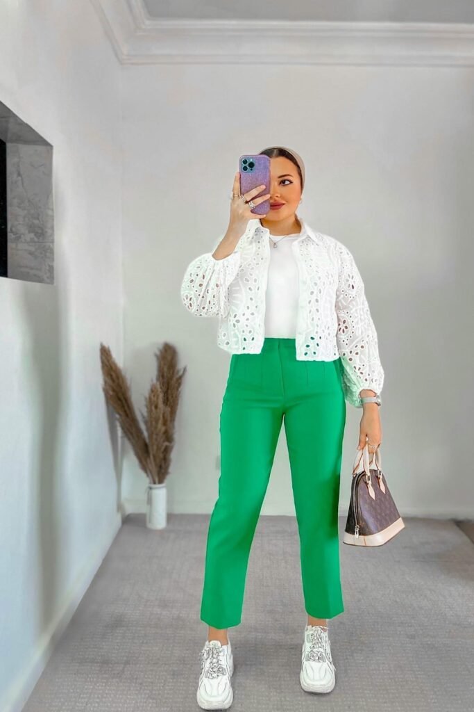 White Eyelet Lace Shirt + White T-Shirt + Bright Green Tailored Trousers + White Chunky Sneakers