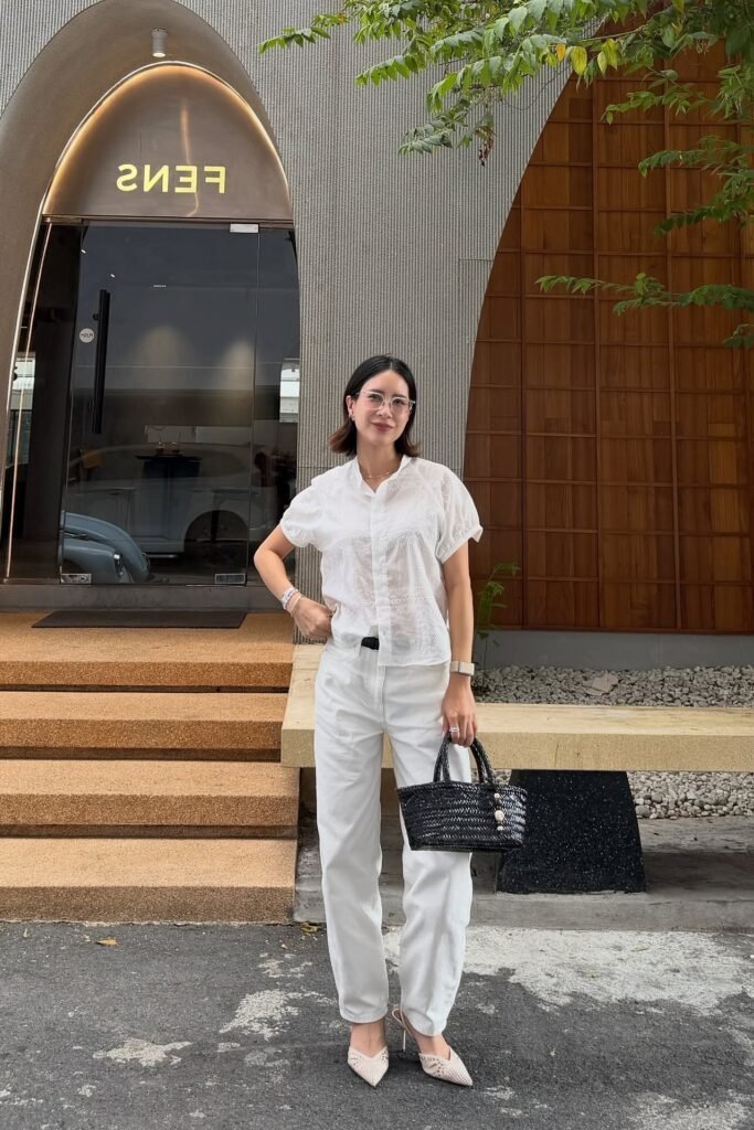 White Eyelet Short-Sleeve Shirt + White Straight-Leg Jeans + Beige Pointed-Toe Heels