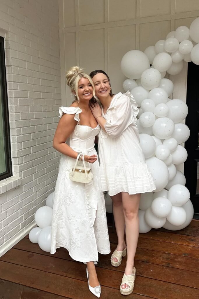 White Floral Brocade Ruffle-Sleeve Dress + White Embellished Pumps