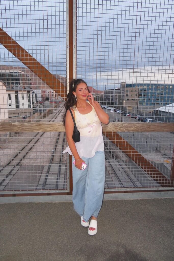 White Floral Lace Camisole + Light Wash Wide-Leg Jeans + White Thick-Platform Slides