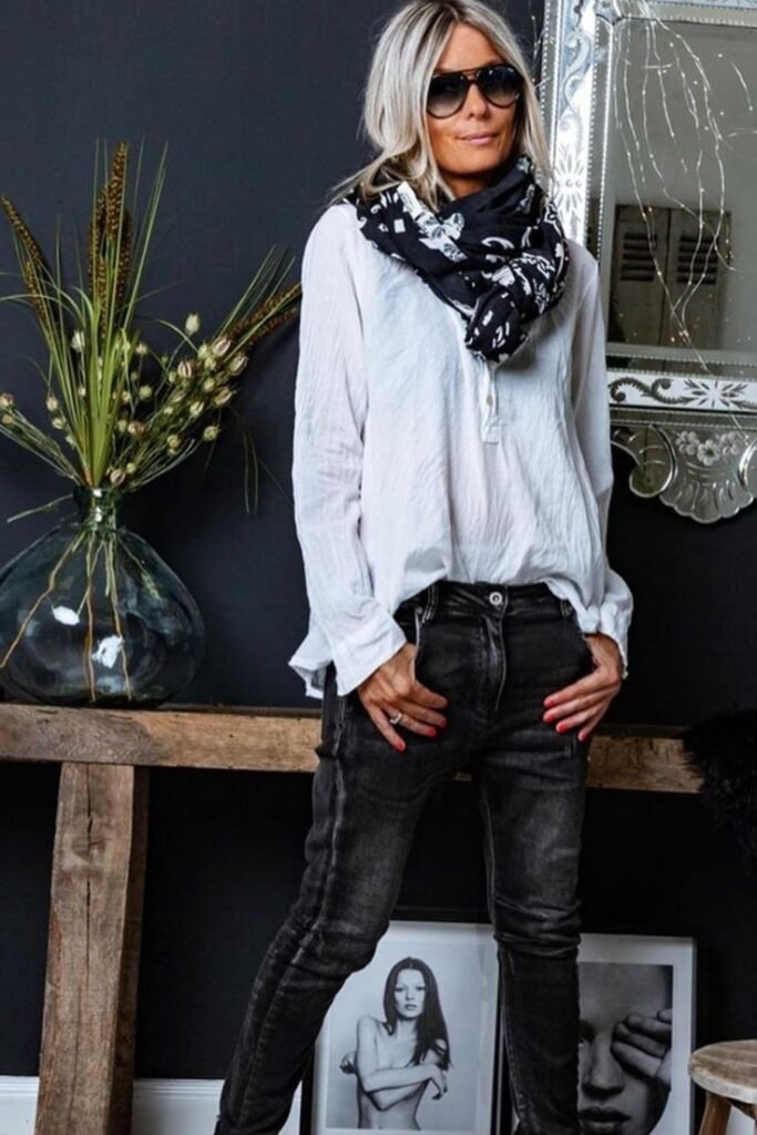 White Gauze Blouse + Black and White Printed Scarf + Faded Black Slim Jeans
