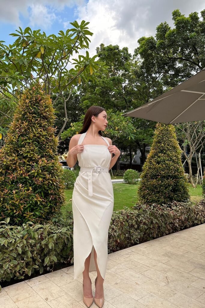 White Halter-Neck Wrap Midi Dress + Matching Waist Belt + Nude Pointed-Toe Pumps