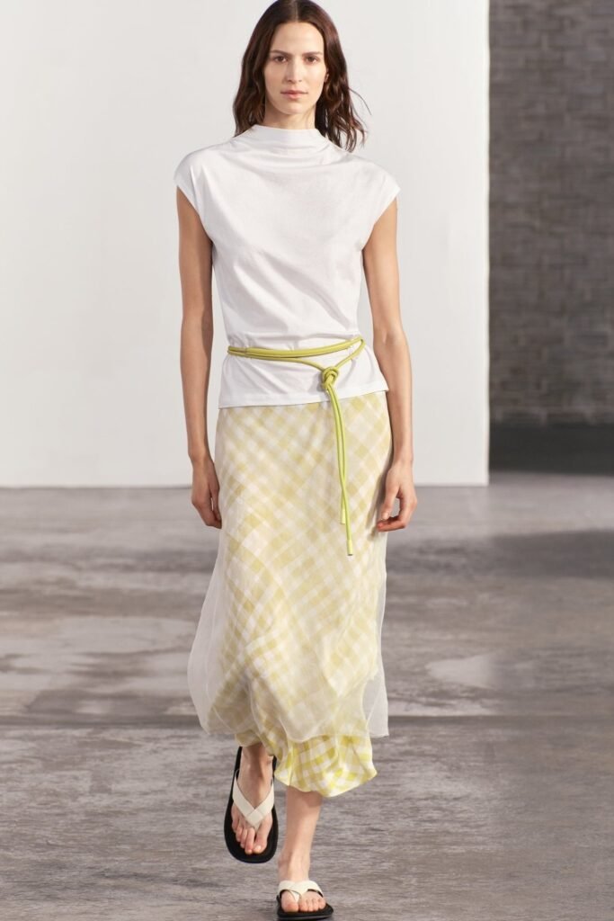 White High-Neck Cap-Sleeve Top + Yellow Gingham Maxi Skirt + Lime Green Rope Belt + White Platform Flip-Flops