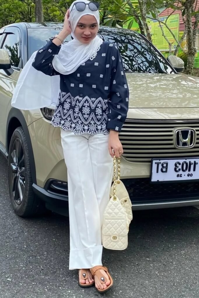 White Hijab + Navy & White Embroidered Blouse + White Wide-Leg Trousers + Tan Flip Flops
