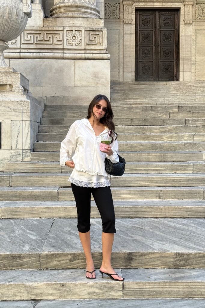 White Hooded Windbreaker + Black Capri Leggings + Black Thong Heel Sandals